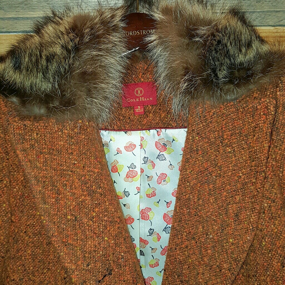 COLE HAAN LUXURY WOOL/REAL FUR COLLAR ORANGE JACKET SIZE S - Picture 7 of 7